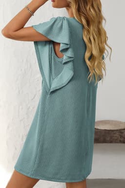 image-Canton Ruffle Sleeve Shift Dress - Elegant Crew Neck Design, Corded Style