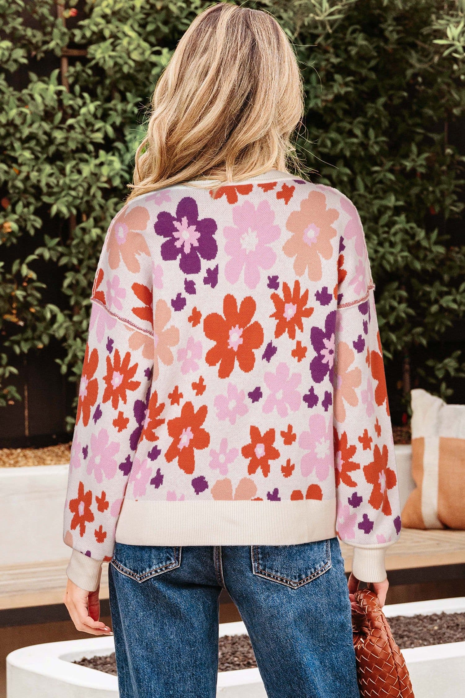 image-Khaki Fall Floral Pattern Drop Shoulder Sweater