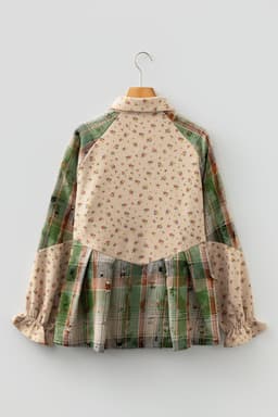 image-Mist Green Boho Floral Plaid Patchwork Distressed Detail Ruffled Sleeve Waffle Knit Shacket