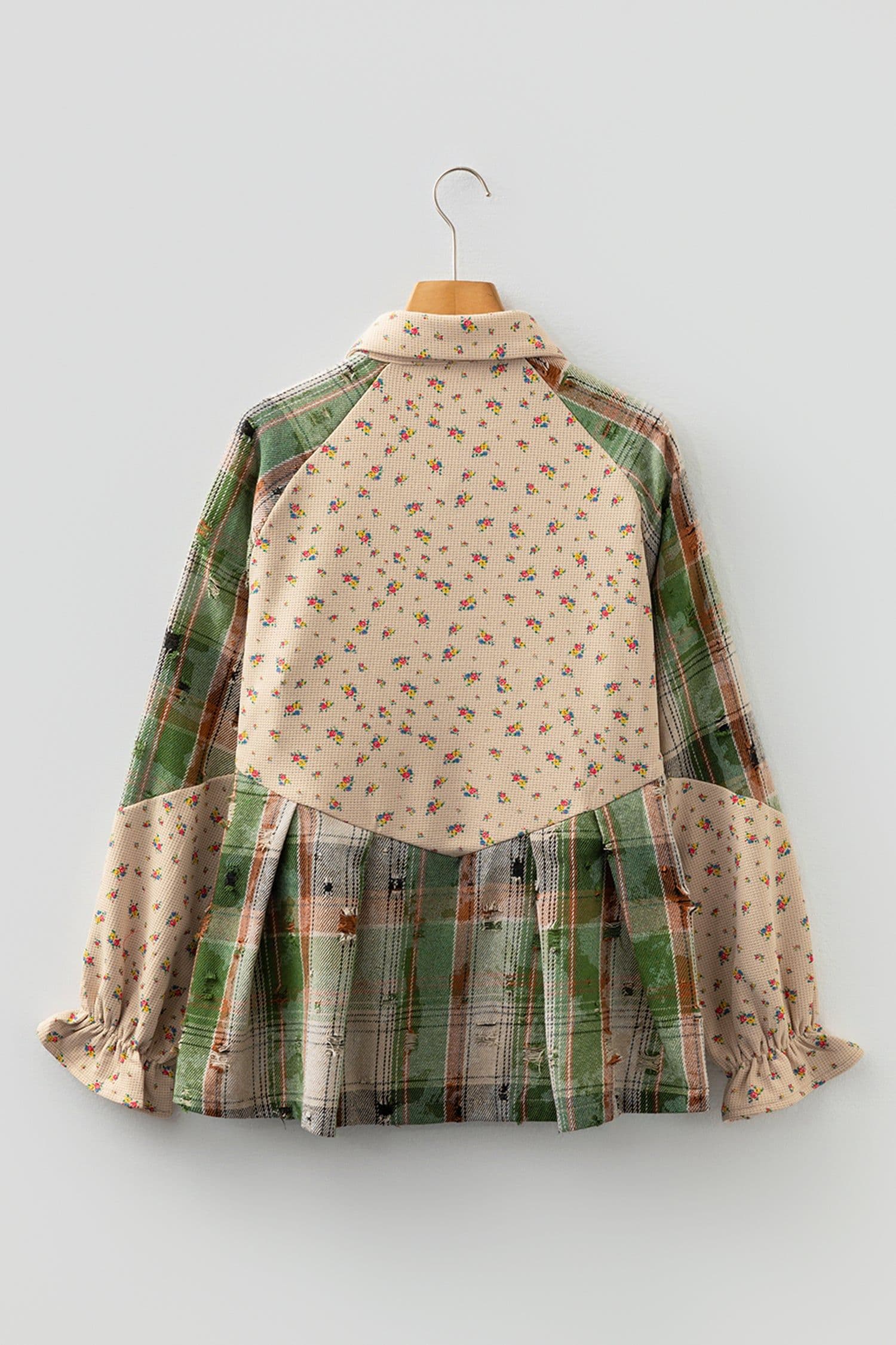 image-Mist Green Boho Floral Plaid Patchwork Distressed Detail Ruffled Sleeve Waffle Knit Shacket