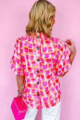 image-Pink Abstract Print Ruffled High Neck Button Back Blouse