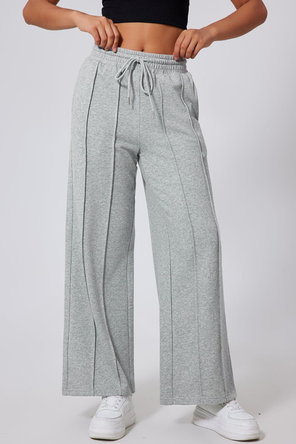 image-Black Seamed Drawstring High Waist Wide Leg Sweatpants
