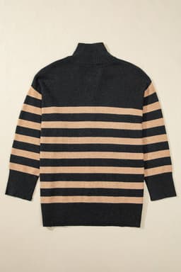 image-Oversized Stripe Collared Quarter Zipper Sweater - Black (60 chars)