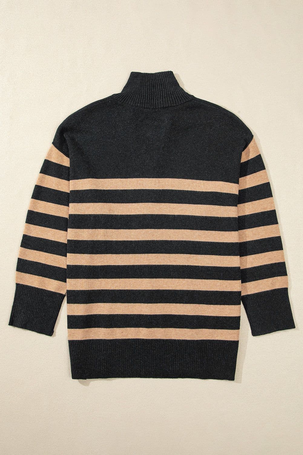 image-Oversized Stripe Collared Quarter Zipper Sweater - Black (60 chars)