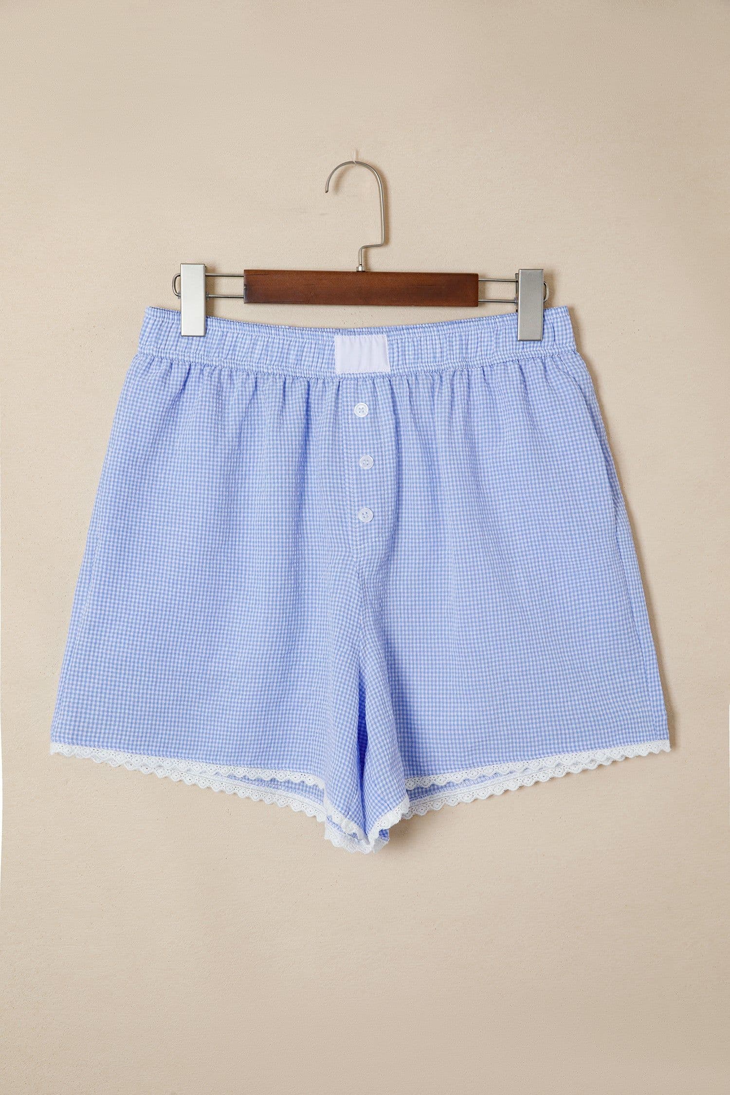 image-Sky Blue Gingham Boxer Shorts Lace Trim