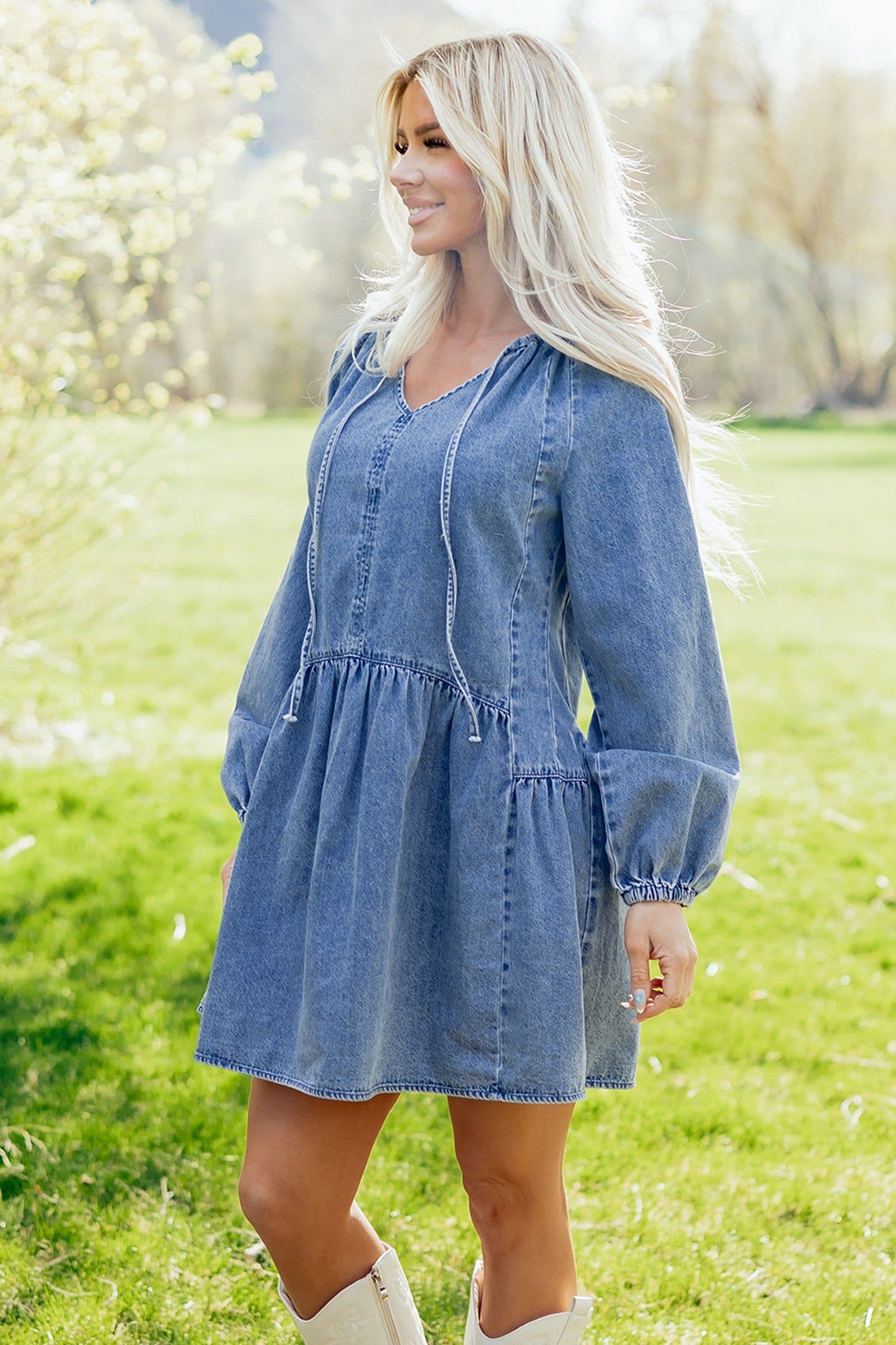 image-Myosotis Denim Mini Dress - Puff Sleeve V Neck