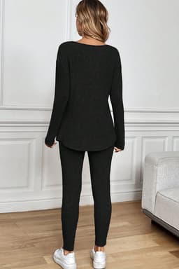 image-Racing Red Ribbed Notched Neck Knit Long Sleeve Leggings Two Pieces Lounge Set