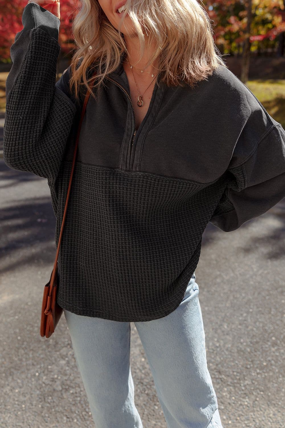 image-Carbon Grey Waffle Knit Half Zip Sweatshirt