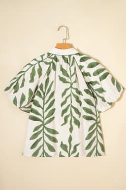 image-Green Leaf Print Short Balloon Sleeve Shirt