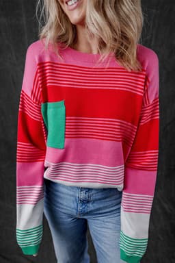 image-Striped Knit Patch Pocket Sweater - Drop Shoulder Design, Comfortable & Trendy