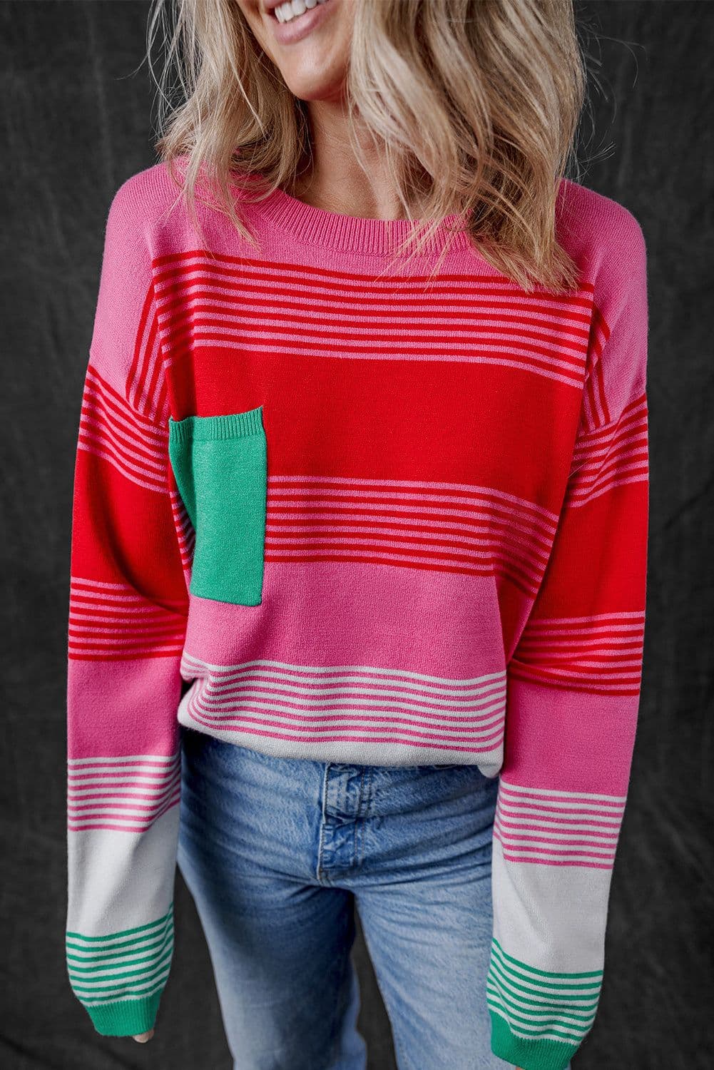 image-Striped Knit Patch Pocket Sweater - Drop Shoulder Design, Comfortable & Trendy