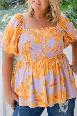 image-Plus Size Purple Floral Babydoll Blouse - Puff Sleeves, Smocked Detail