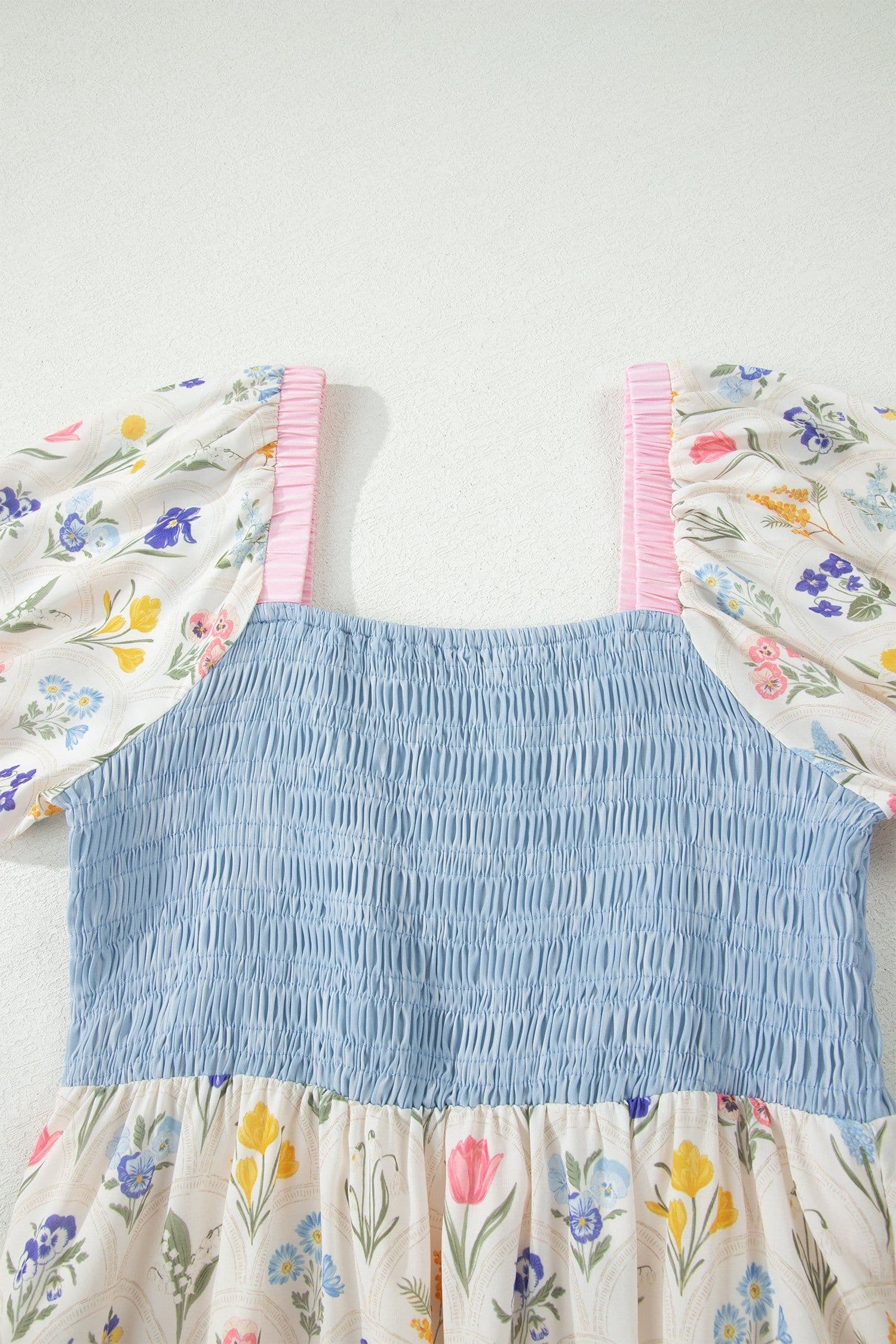 image-Floral Patchwork Long Dress - Square Neck Smocked Bodice