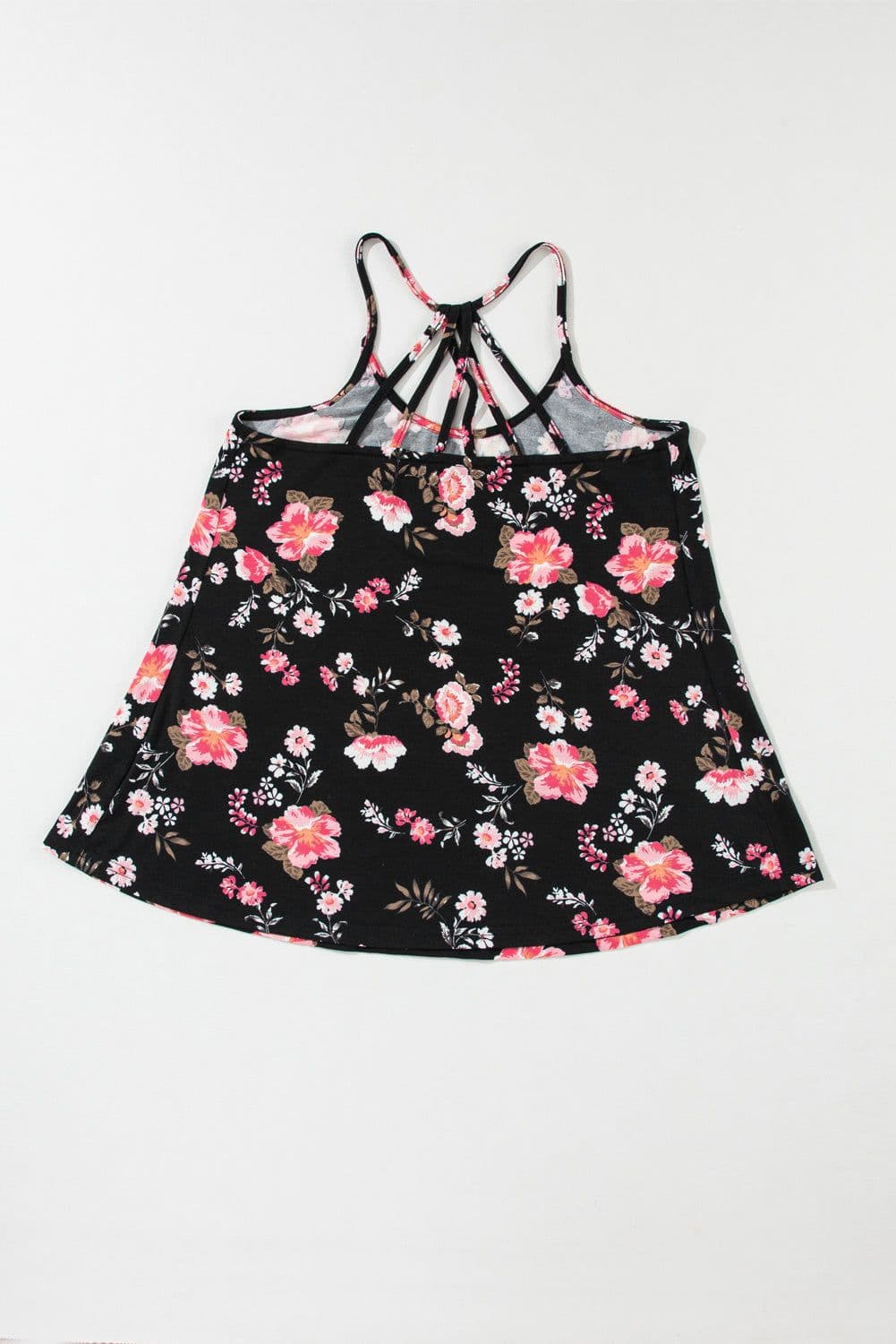 image-Black Floral Spaghetti Straps Strappy Back Tank Top