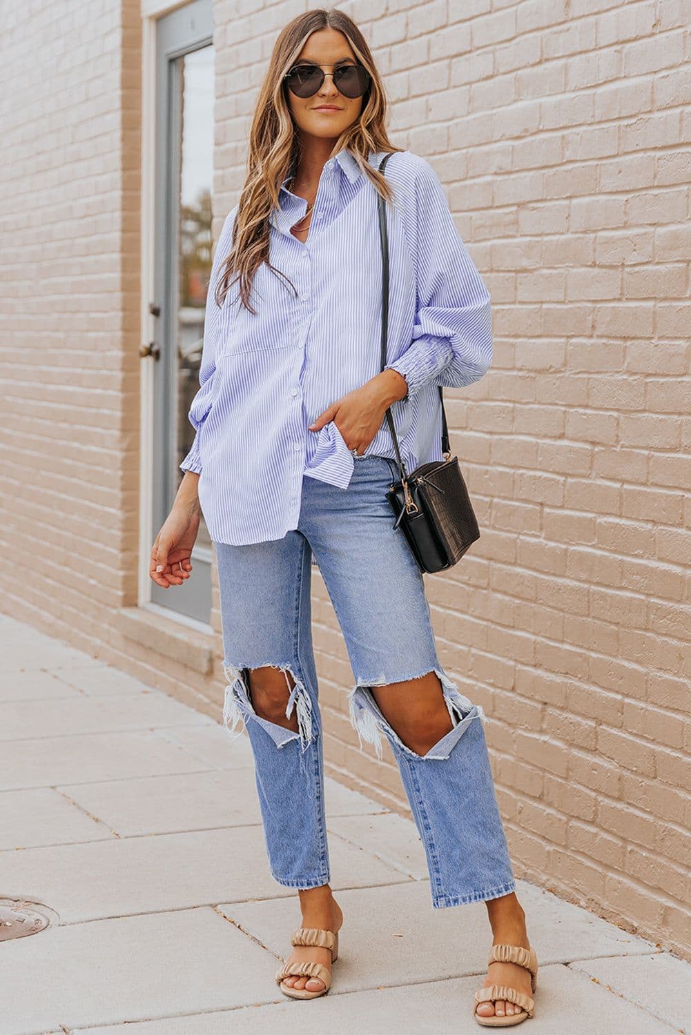 image-Sky Blue Striped Boyfriend Shirt with Pocket - Smocked Cuffs