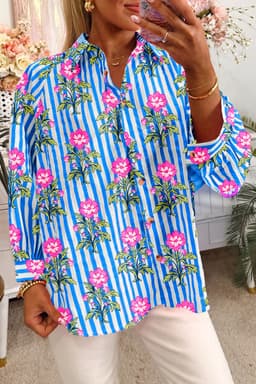 image-Blue Striped Floral Print Buttoned Cuffs Loose Fit Shirt