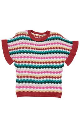 image-Fiery Red Trimmed Ruffle Sleeve Colorful Textured Sweater