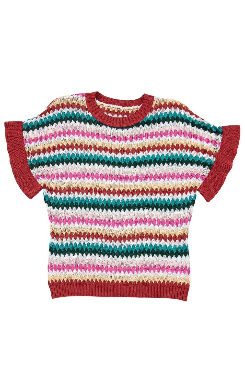 image-Fiery Red Trimmed Ruffle Sleeve Colorful Textured Sweater