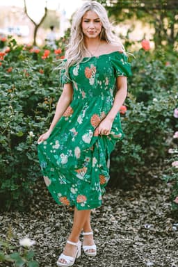 image-Floral Print Bubble Sleeve Midi Dress - Tiered Smocked Design (59 characters)