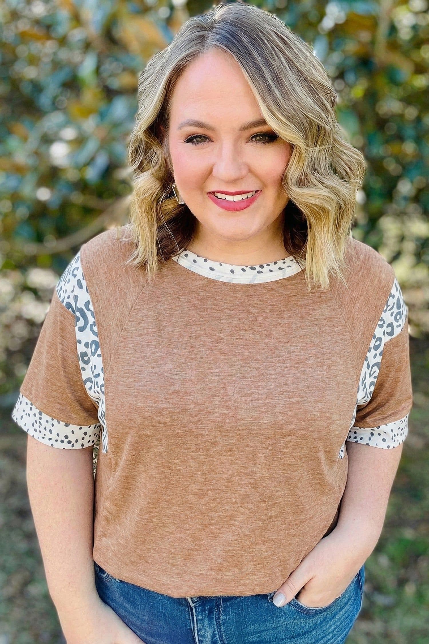 image-Chestnut Animal Color Block Patchwork Plus Size Tee