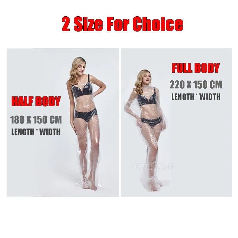 image-10Pcs/Pack Disposable Sauna Sweat Coverall Clear Waterproof PE Plastic Body Suit Weight Loss Sauna Wholesale For Beauty Salon
