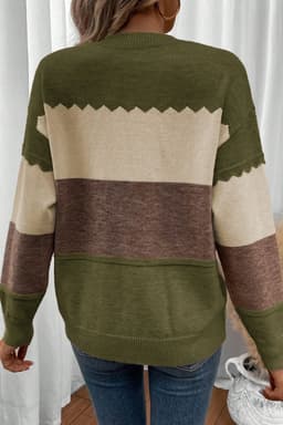 image-Brown Colorblock Crew Neck Drop Shoulder Sweater
