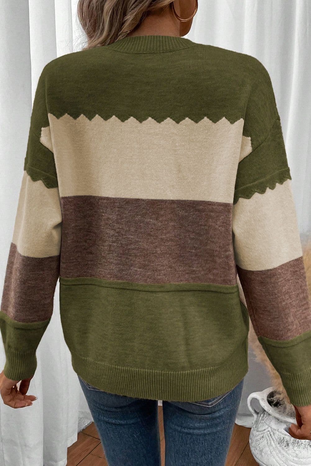 image-Brown Colorblock Crew Neck Drop Shoulder Sweater
