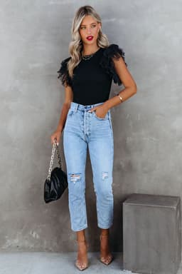 image-Dotty Mesh Ruffle Sleeve Ribbed Knit Top - Black