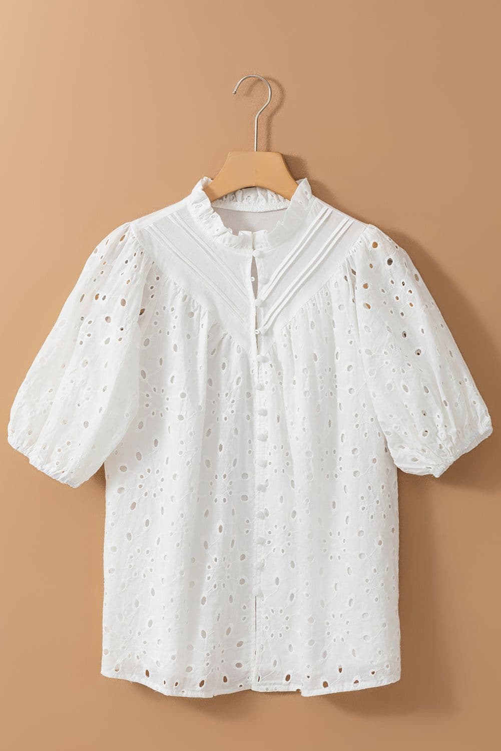 image-White Embroidered Hollow-out Puff Sleeve Blouse - Floral Design