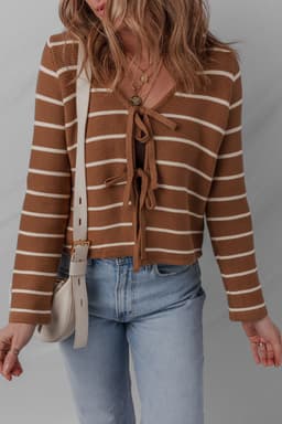 image-Chestnut Tie Front Striped Knit Cardigan V Neck
