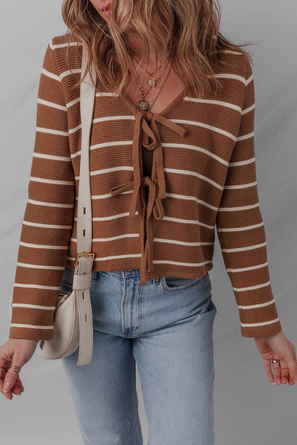image-Chestnut Tie Front Striped Knit Cardigan V Neck