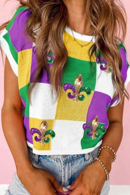 image-Tillandsia Purple Sequin Mardi Gras Fleur de Lis T-Shirt