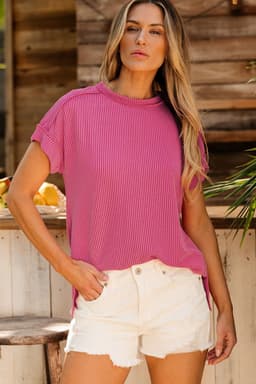 image-Medium Grey Textured Knit T-shirt with Exposed Stitching