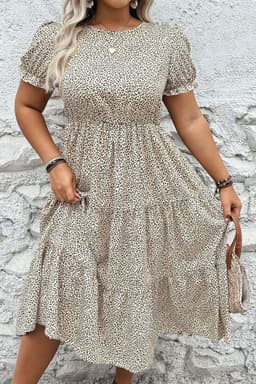 image-Leopard Print Frill Trim Flared Dress - Beige Plus Size
