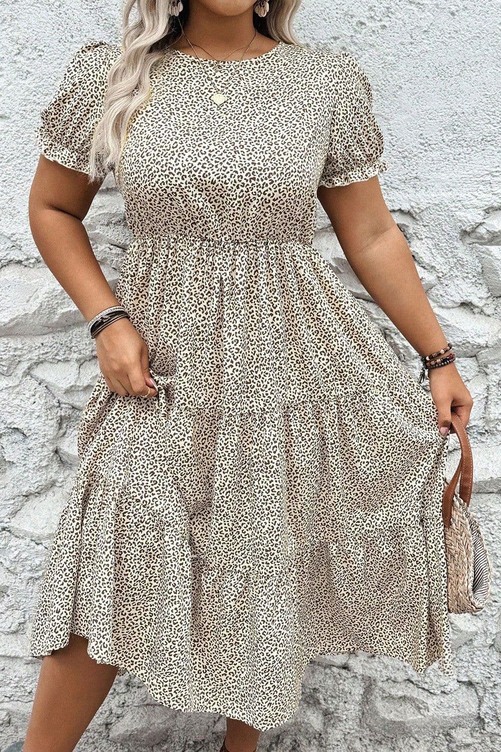 image-Leopard Print Frill Trim Flared Dress - Beige Plus Size