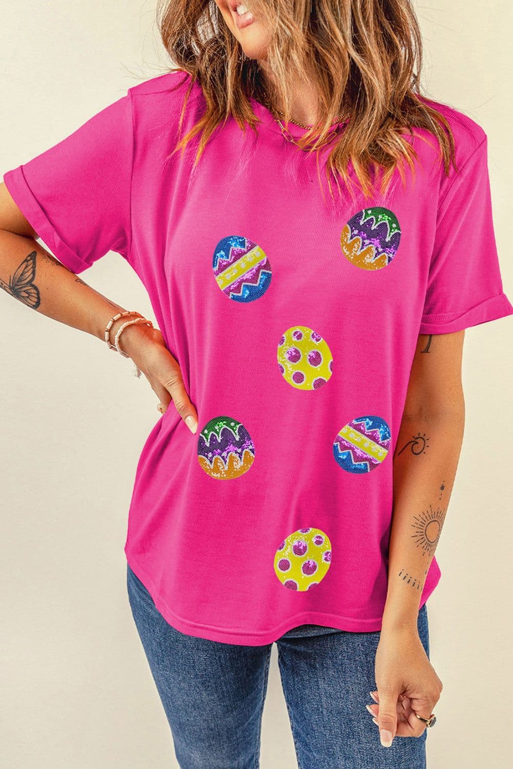 image-Rose Red Easter Egg Patched Crew Neck Graphic Tee