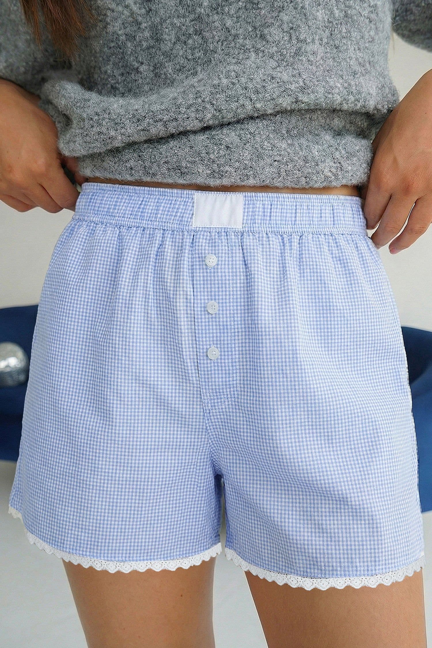 image-Sky Blue Gingham Boxer Shorts Lace Trim