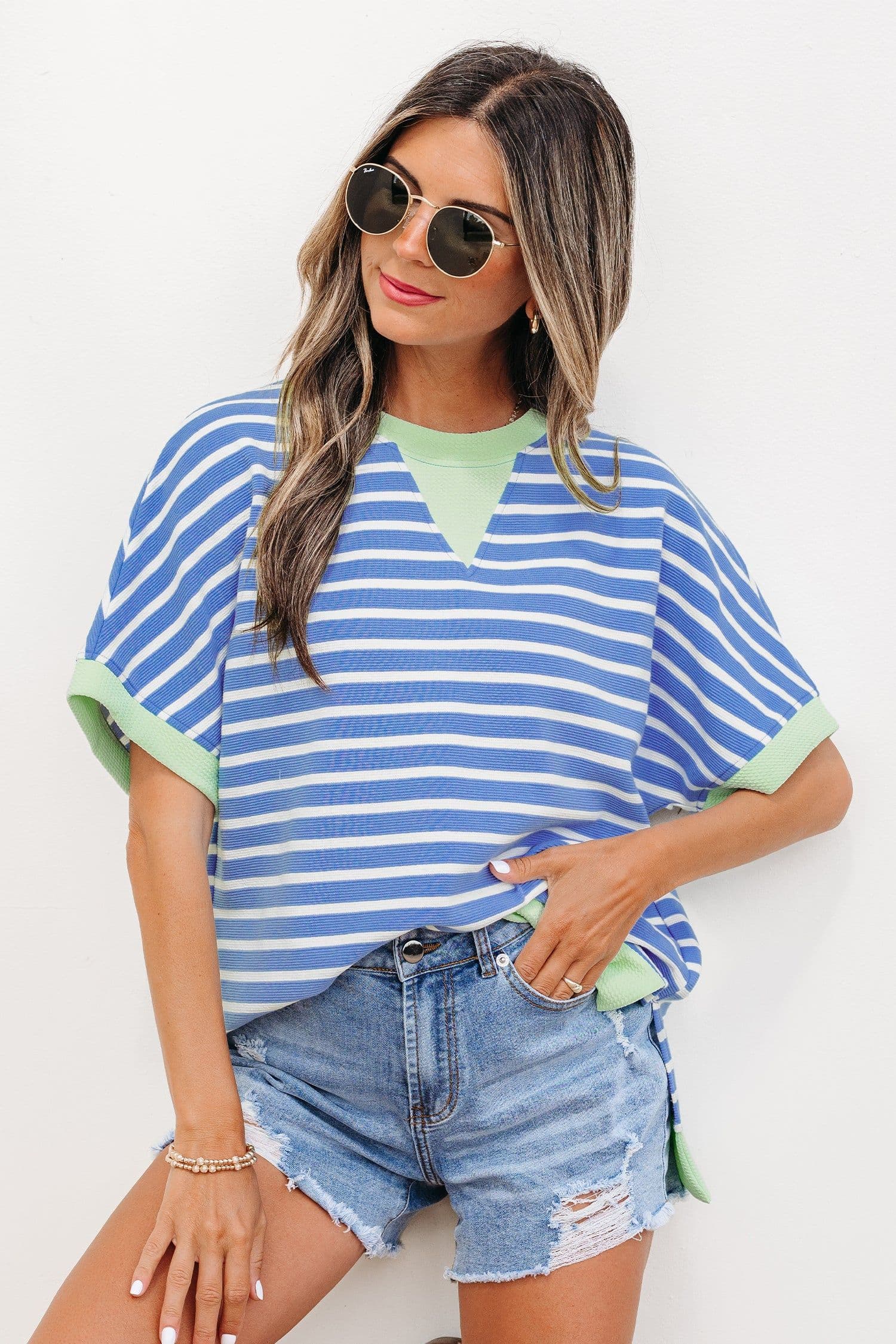 image-Sky Blue Stripe Top - Loose Short Sleeve Contrast Trim - Sizes Available