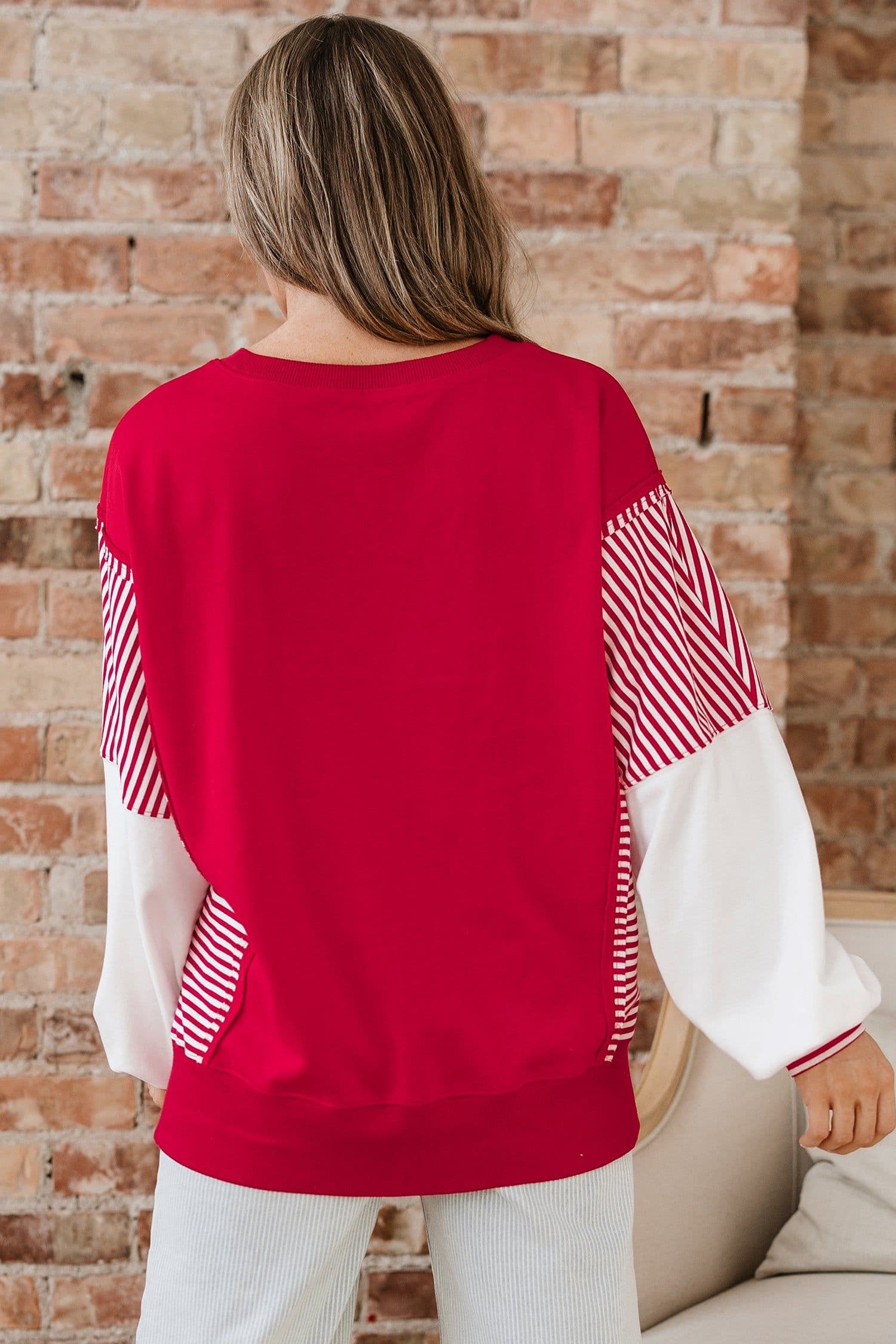 image-Fiery Red Striped Patchwork Sweatshirt