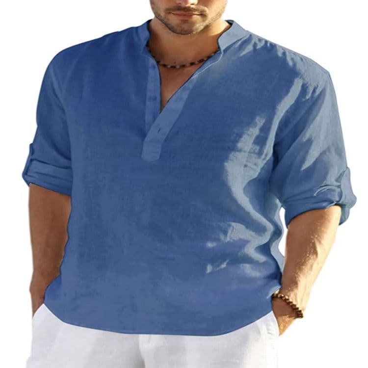 image-Men's Casual Cotton Linen Solid Color Long Sleeve Shirt Loose Stand Collar