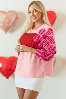 image-Floral Patch Textured Top - Striped Sleeves, Pink, Sizes S-XL