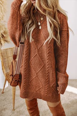 image-Oatmeal Cable Knit Drop Shoulder Loose Fit Sweater Dress