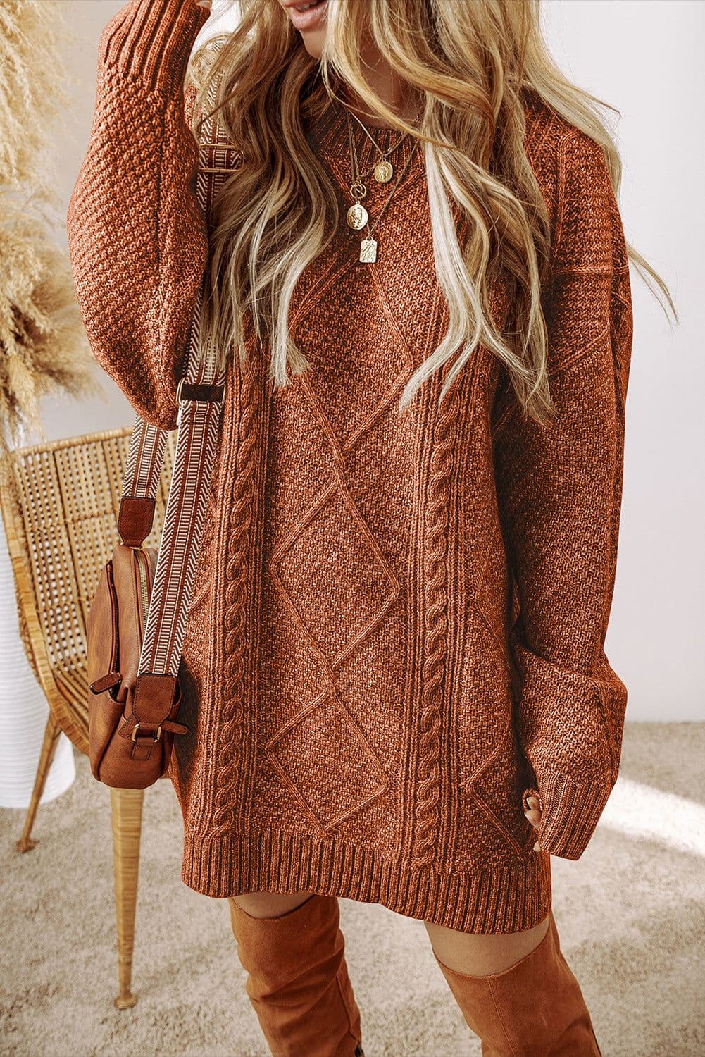 image-Oatmeal Cable Knit Drop Shoulder Loose Fit Sweater Dress