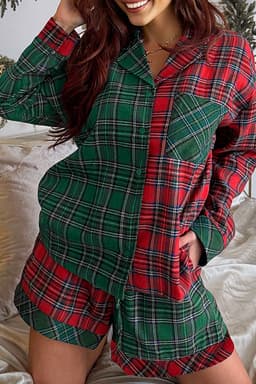 image-Green Plaid Contrast Patched Christmas Holiday Long Sleeve Shirt and Short 2pcs Pajama Set