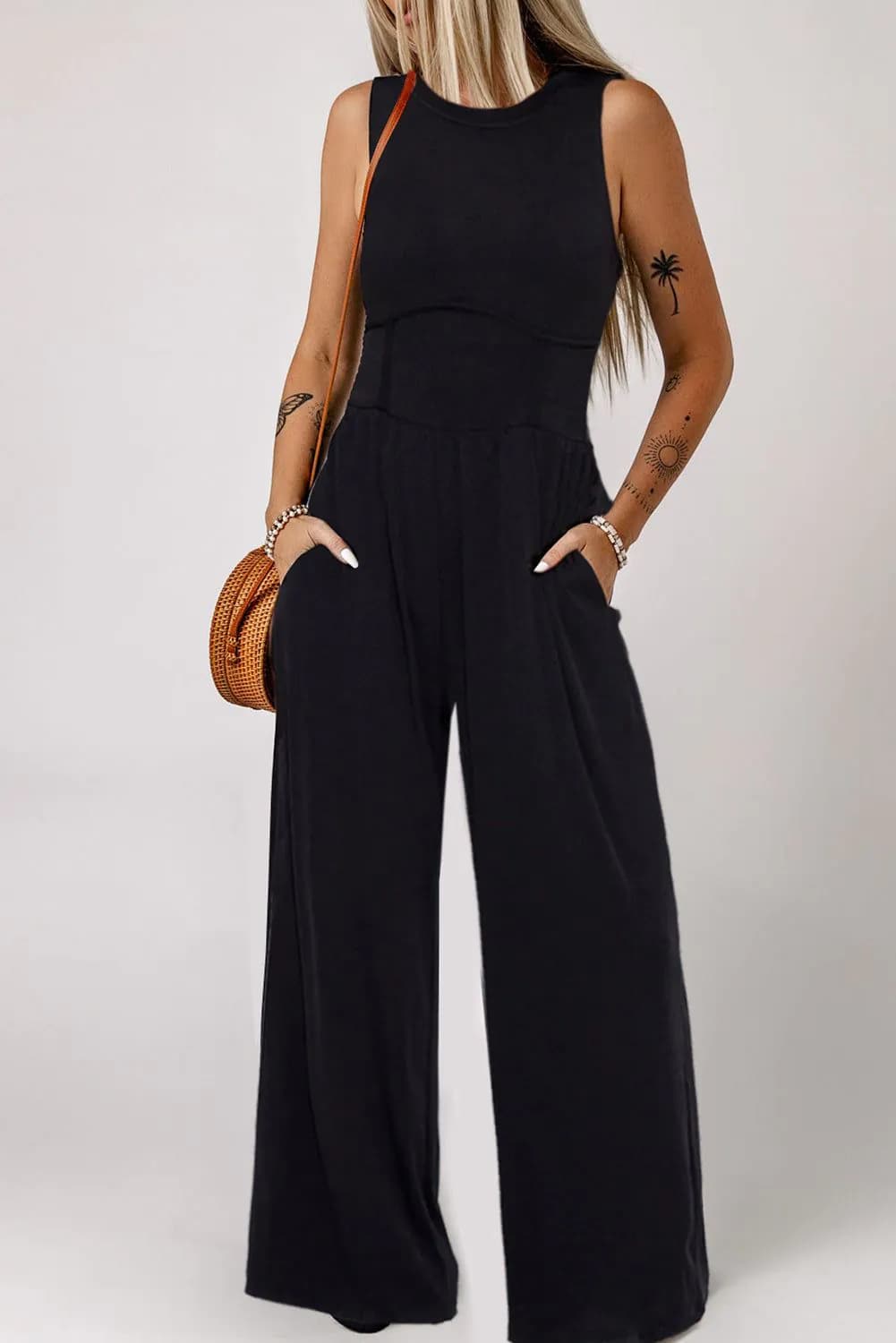 image-Black Cinched Waist Sleeveless Wide Leg Jumpsuit