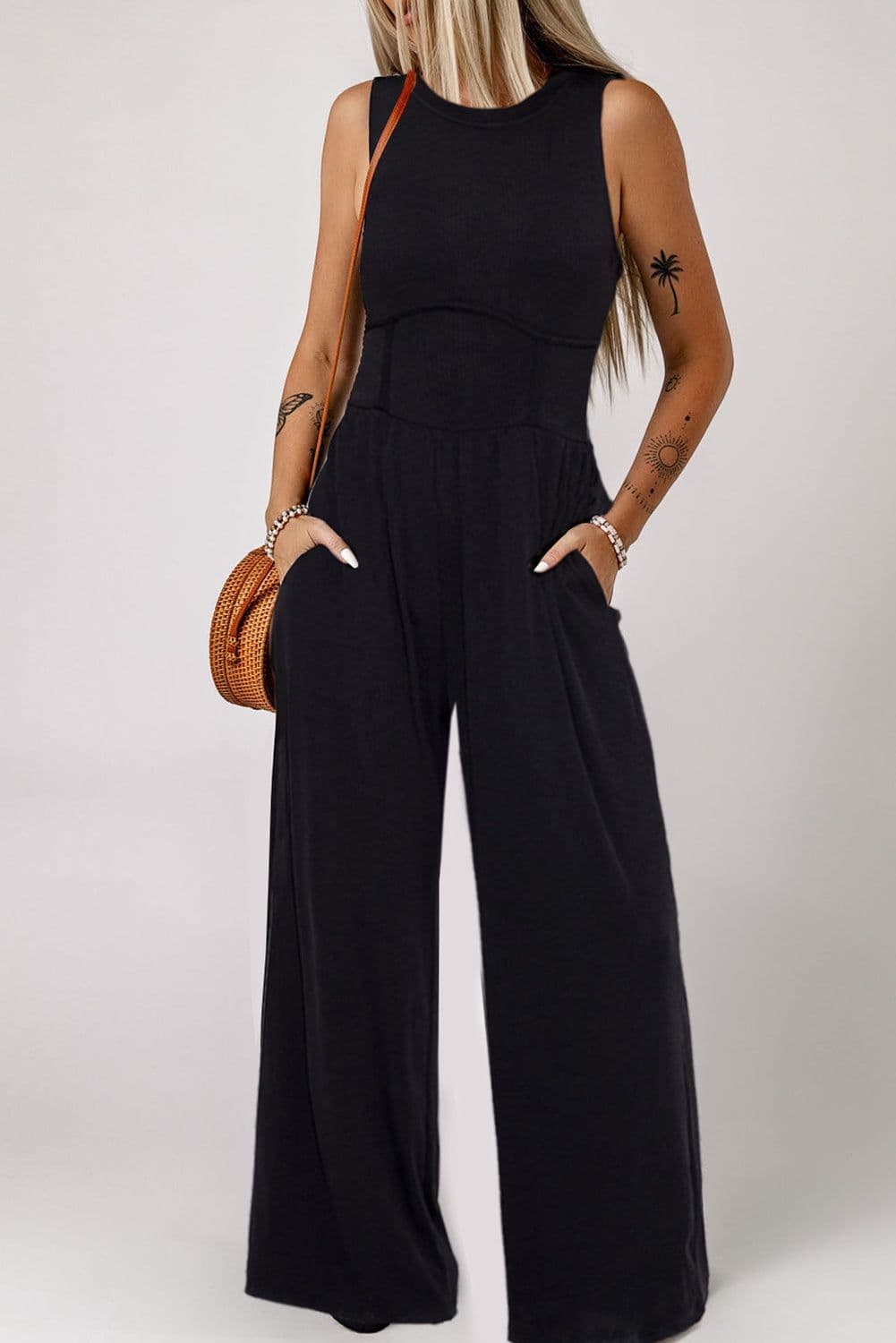 image-Black Cinched Waist Sleeveless Wide Leg Jumpsuit - Casual/Dressy