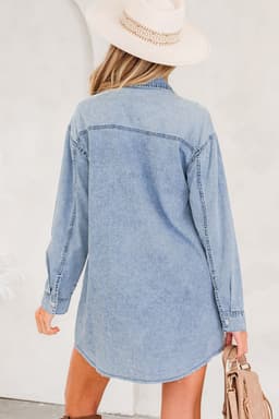 image-Blue Denim Shirt Dress Chest Pocket Raw Hem Loose