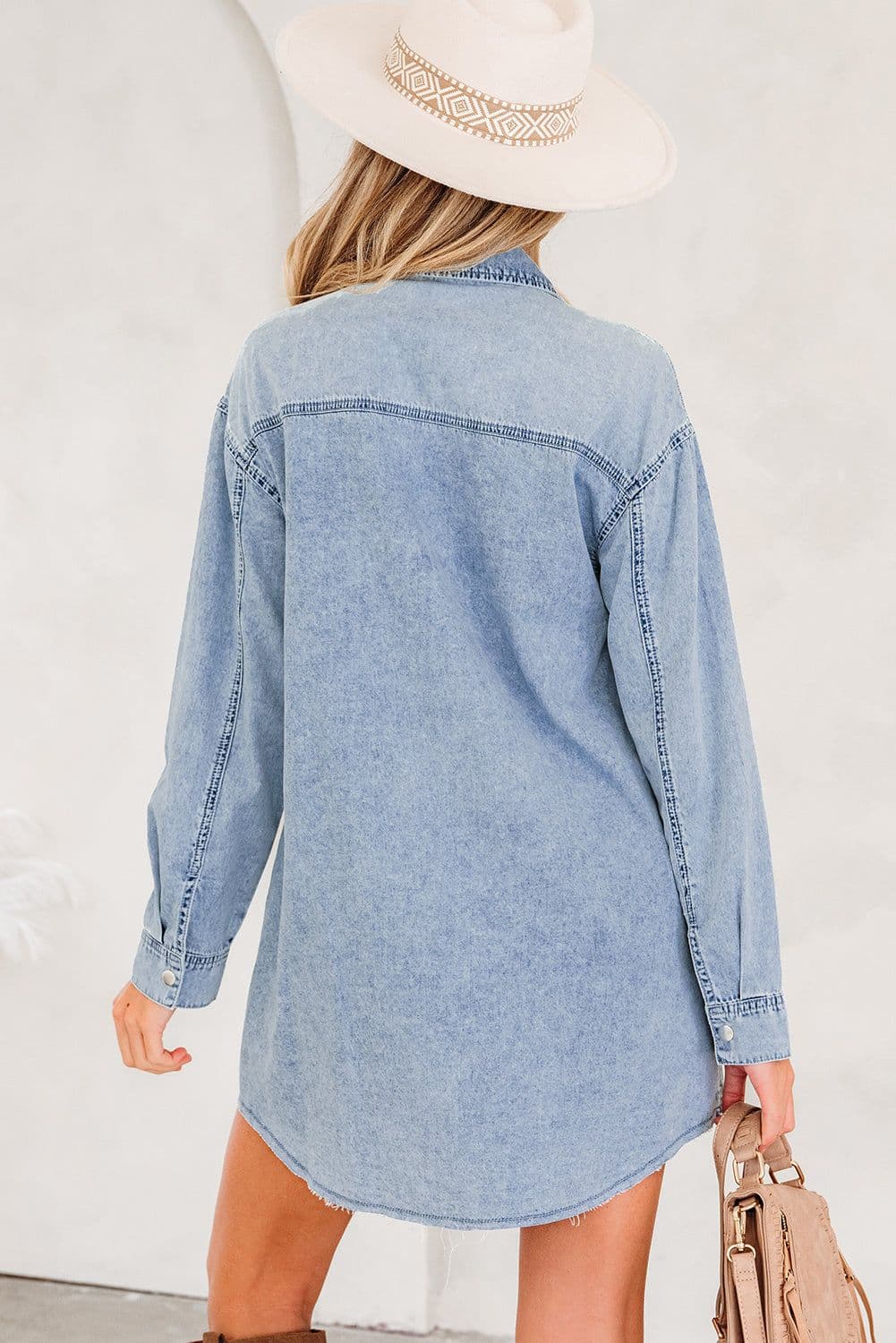 image-Blue Denim Shirt Dress Chest Pocket Raw Hem Loose