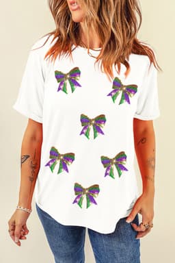 image-Mardi Gras Bow Graphic Sequin Crewneck Tee - White