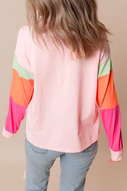 image-Dark Blue Colorblock Patchwork Long Sleeve Loose Top